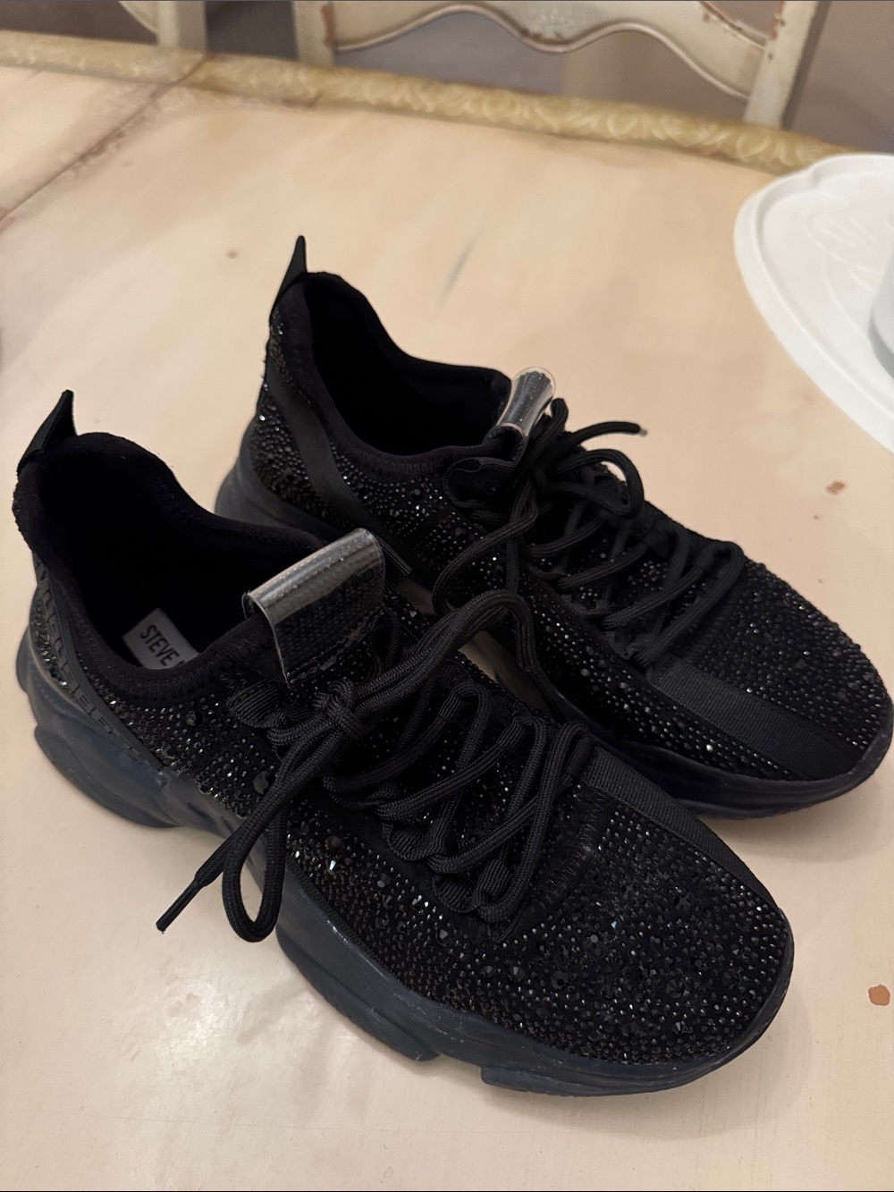 Steve Madden Black Rhinestone Knit Lace-Up Sneakers